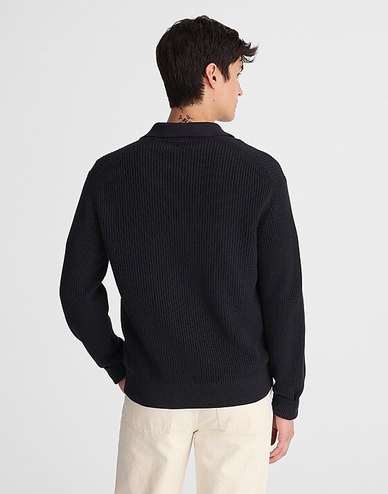 Madewell Cotton Shaker-Stitch Johnny-Collar Sweater Polo Washed Black