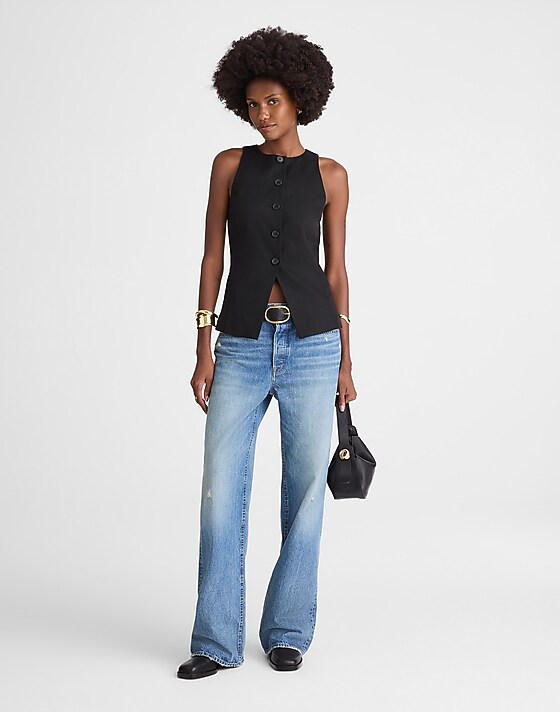 Madewell Crewneck Cutaway Vest In Drapey Twill Jet Black