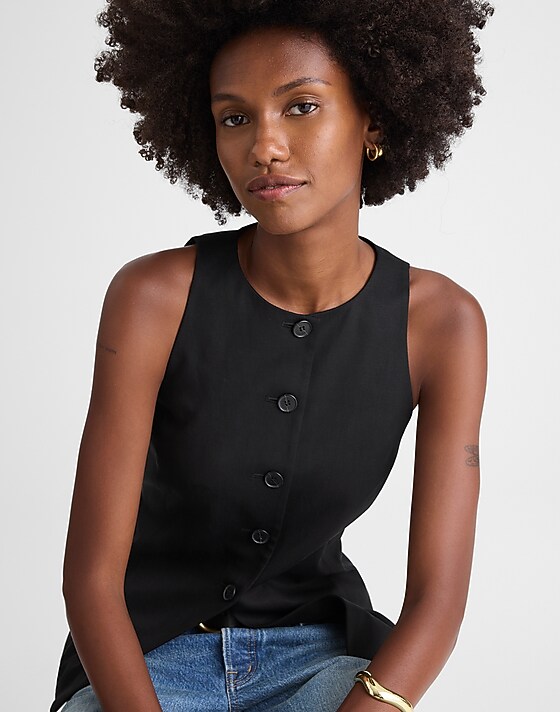 Madewell Crewneck Cutaway Vest In Drapey Twill Jet Black