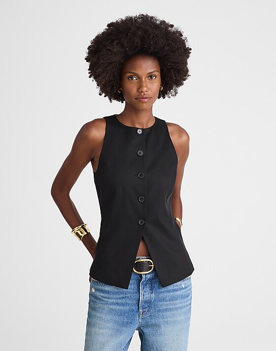 madewell Crewneck Cutaway Vest in Drapey Twill jet black