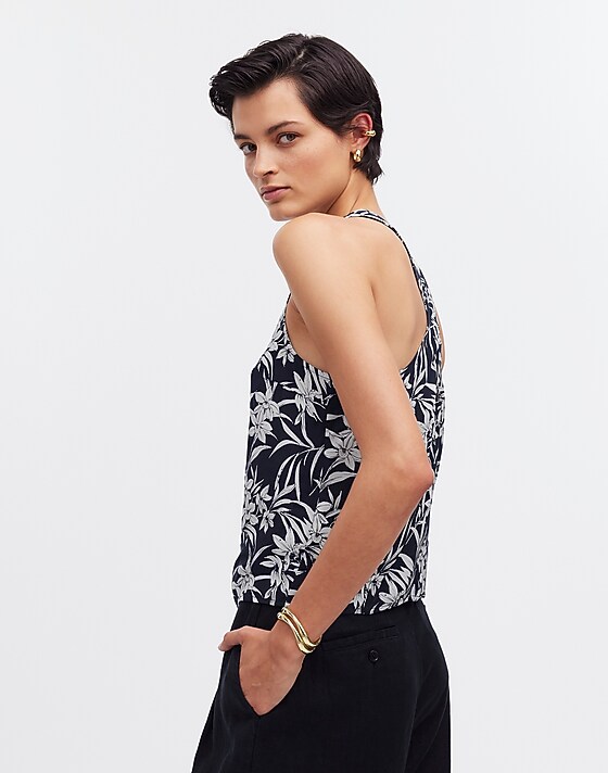 Madewell Crisscross-Back Sleeveless Top In Floral Cupro-Blend Deep Indigo