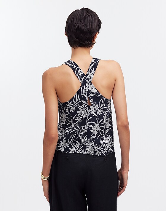 Madewell Crisscross-Back Sleeveless Top In Floral Cupro-Blend Deep Indigo
