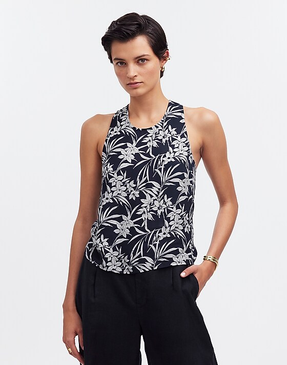 madewell Crisscross-Back Sleeveless Top in Floral Cupro-Blend deep indigo