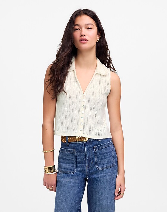 Madewell Crochet-Knit V-Neck Sweater Vest Vintage Ivory