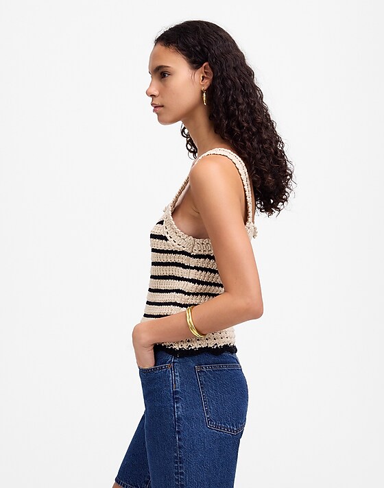 Madewell Crochet-Stitch Cotton Sweater Tank Natural And Black Stripe