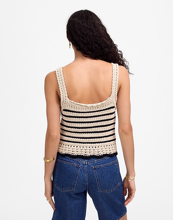 Madewell Crochet-Stitch Cotton Sweater Tank Natural And Black Stripe