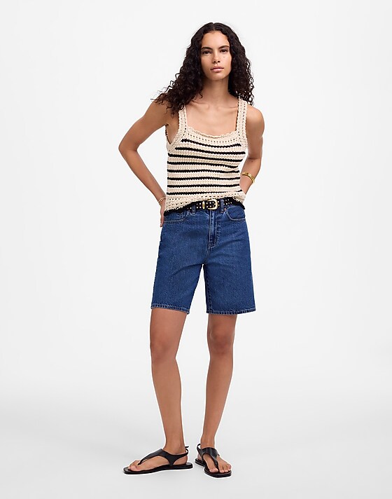 Madewell Crochet-Stitch Cotton Sweater Tank Natural And Black Stripe