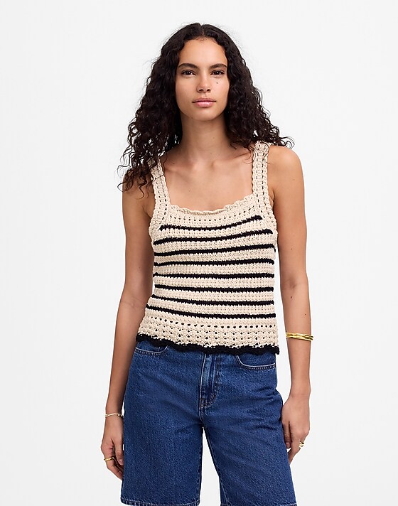 madewell Crochet-Stitch Cotton Sweater Tank natural and black stripe