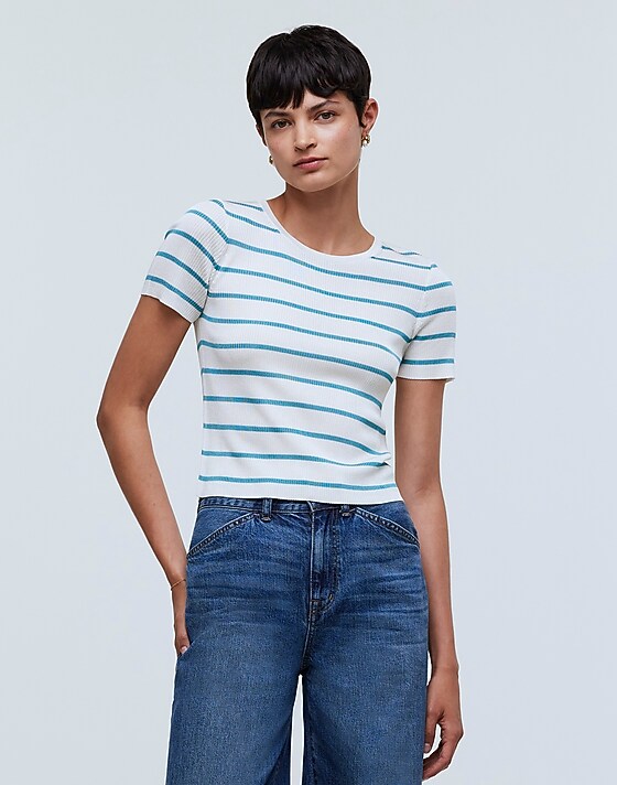 Madewell Cropped Crewneck Sweater Tee In Stripe Shaded Aqua