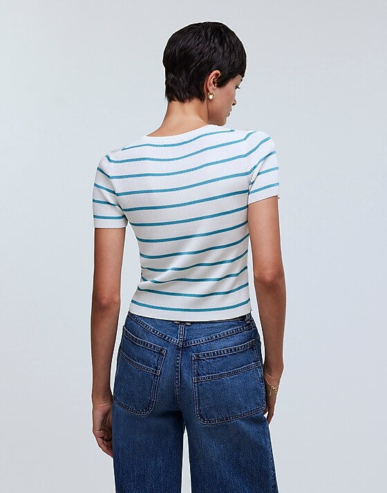 Madewell Cropped Crewneck Sweater Tee In Stripe Shaded Aqua