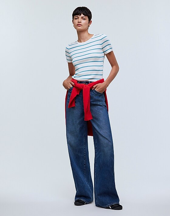 madewell Cropped Crewneck Sweater Tee in Stripe shaded aqua