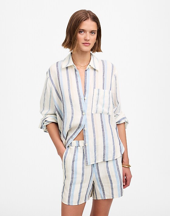 Madewell Curved Hem Pull-On Shorts In 100% Linen Blue And Light Blue Stripe