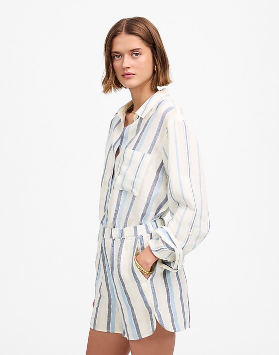 Madewell Curved Hem Pull-On Shorts In 100% Linen Blue And Light Blue Stripe