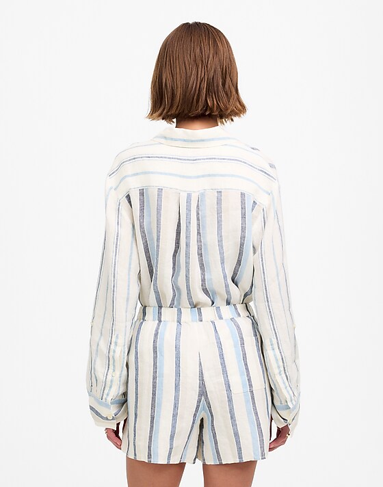 Madewell Curved Hem Pull-On Shorts In 100% Linen Blue And Light Blue Stripe