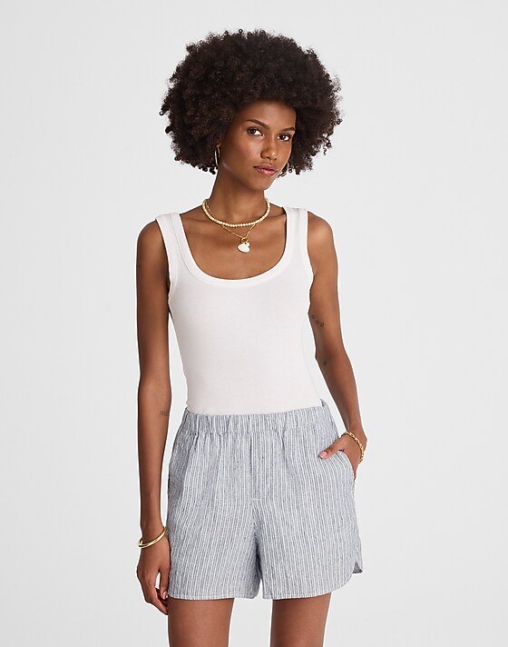Madewell Curved Hem Pull-On Shorts In 100% Linen Blue White Beachy Stripe