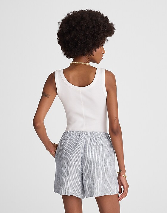 Madewell Curved Hem Pull-On Shorts In 100% Linen Blue White Beachy Stripe