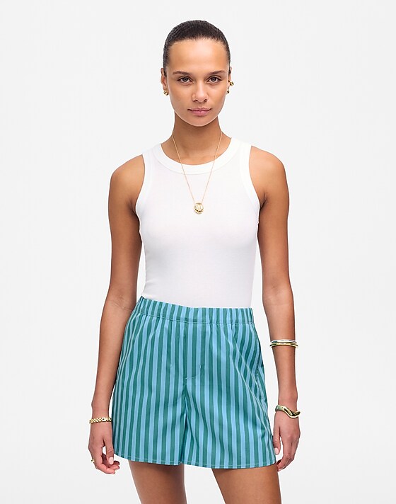 Madewell Curved Hem Pull-On Shorts In Poplin Bayside Stripe Cool Aqua