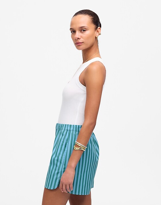 Madewell Curved Hem Pull-On Shorts In Poplin Bayside Stripe Cool Aqua