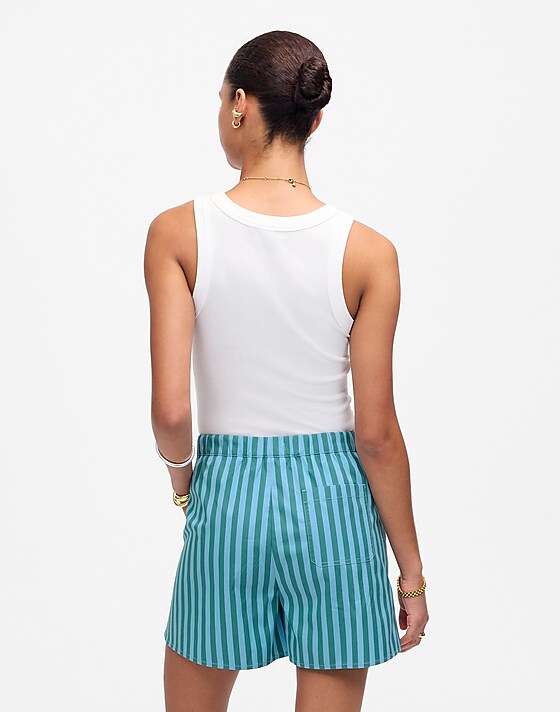 Madewell Curved Hem Pull-On Shorts In Poplin Bayside Stripe Cool Aqua
