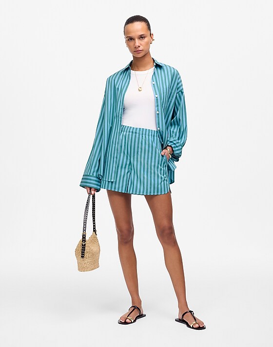 madewell Curved Hem Pull-On Shorts in Poplin bayside stripe cool aqua