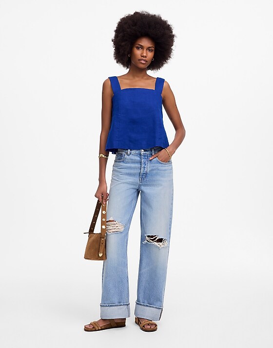 Madewell Curved-Neck Shell Tank In 100% Linen Bright Sapphire