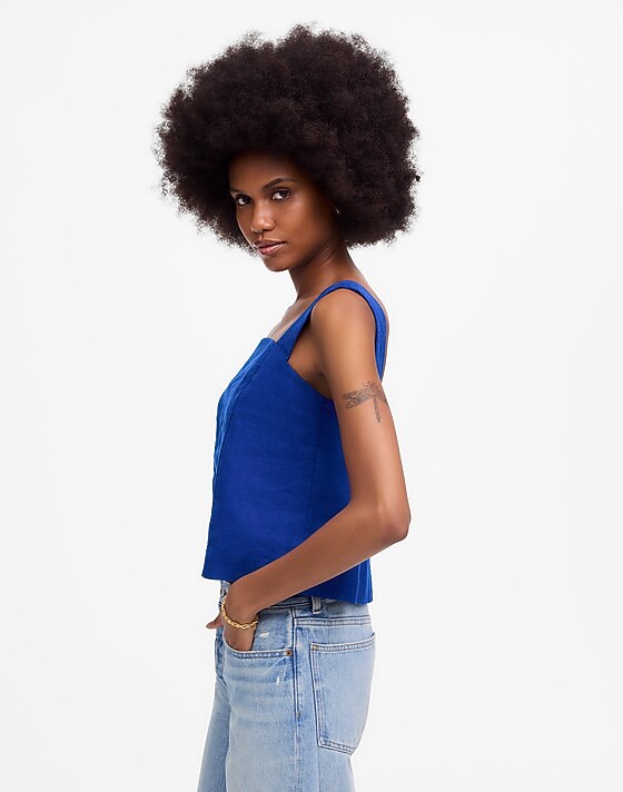 Madewell Curved-Neck Shell Tank In 100% Linen Bright Sapphire