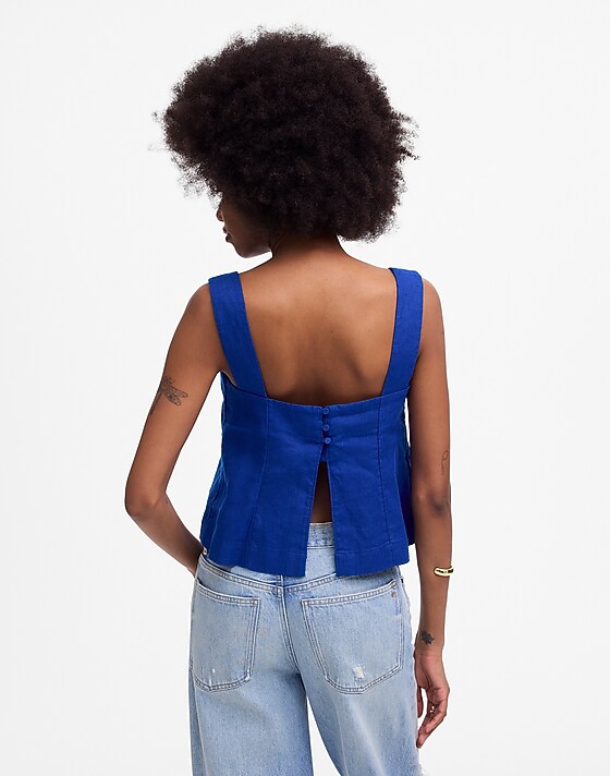 Madewell Curved-Neck Shell Tank In 100% Linen Bright Sapphire