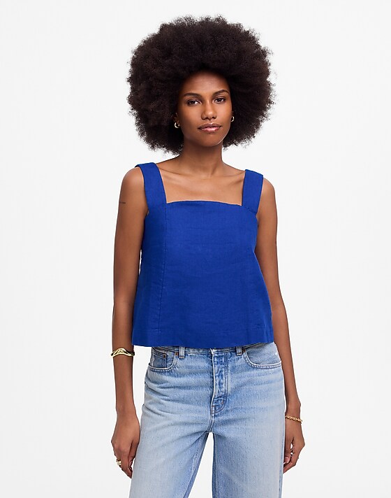 madewell Curved-Neck Shell Tank in 100% Linen bright sapphire