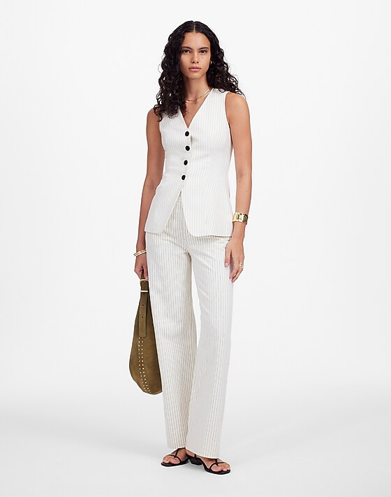 Madewell Cutaway Vest In Pinstripe Linen Blend Ivory Black Pinstripe