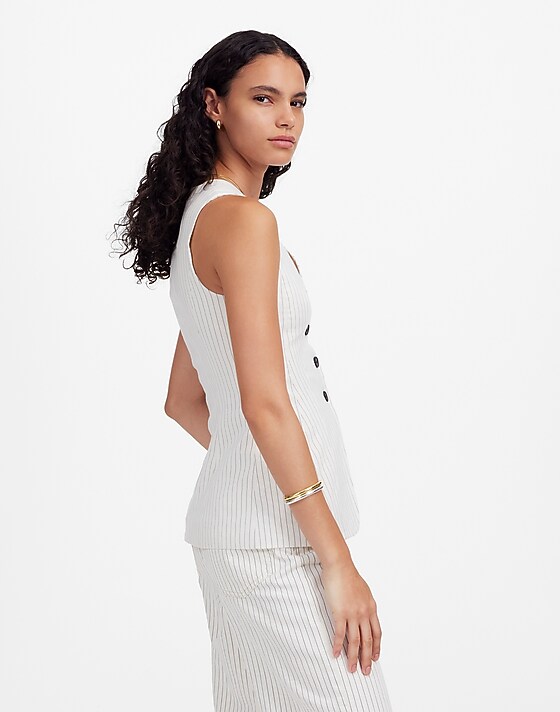 Madewell Cutaway Vest In Pinstripe Linen Blend Ivory Black Pinstripe