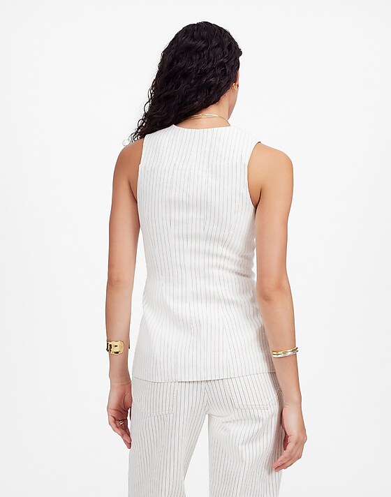 Madewell Cutaway Vest In Pinstripe Linen Blend Ivory Black Pinstripe