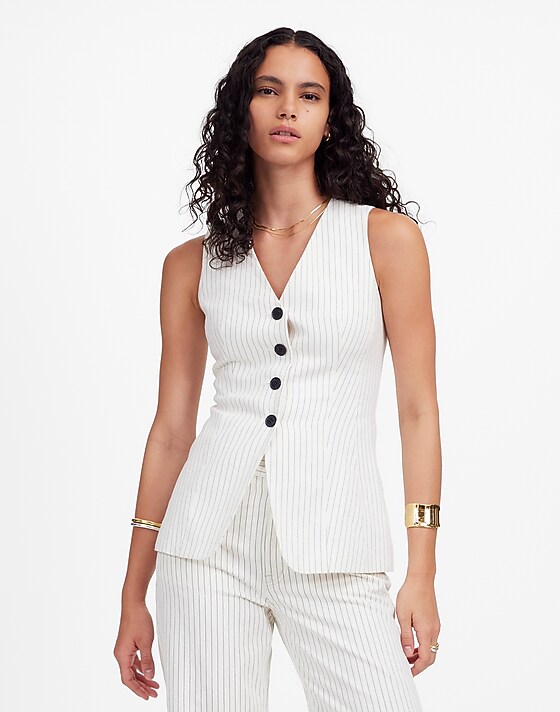 madewell Cutaway Vest in Pinstripe Linen Blend ivory black pinstripe