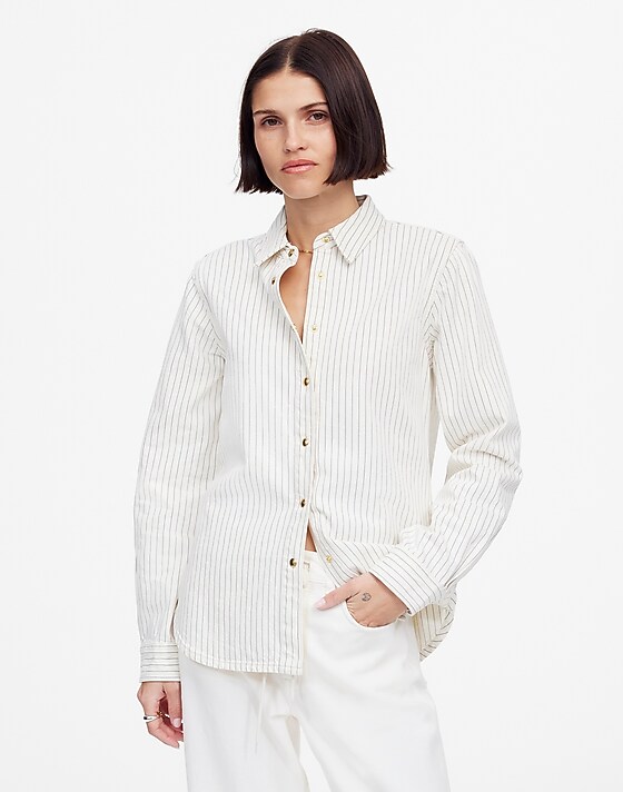 madewell Denim Classic Button-Up Shirt in Pinstripe grey railroad stripe