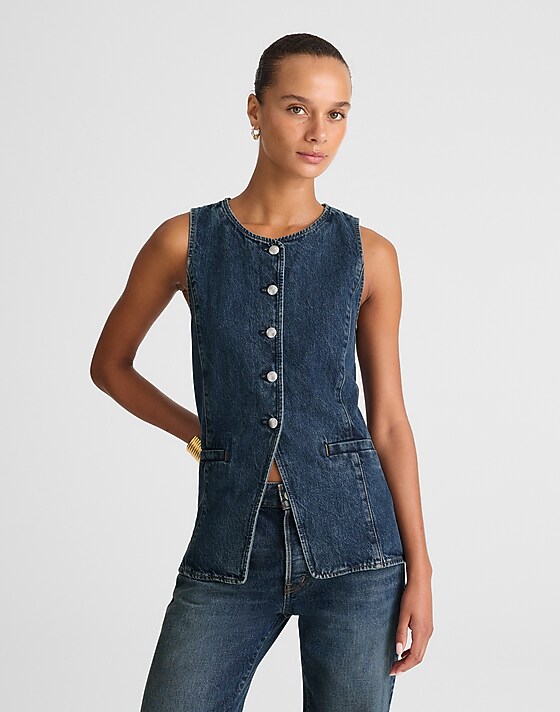 madewell Denim Crewneck Cutaway Vest in Greendale Wash greendale wash