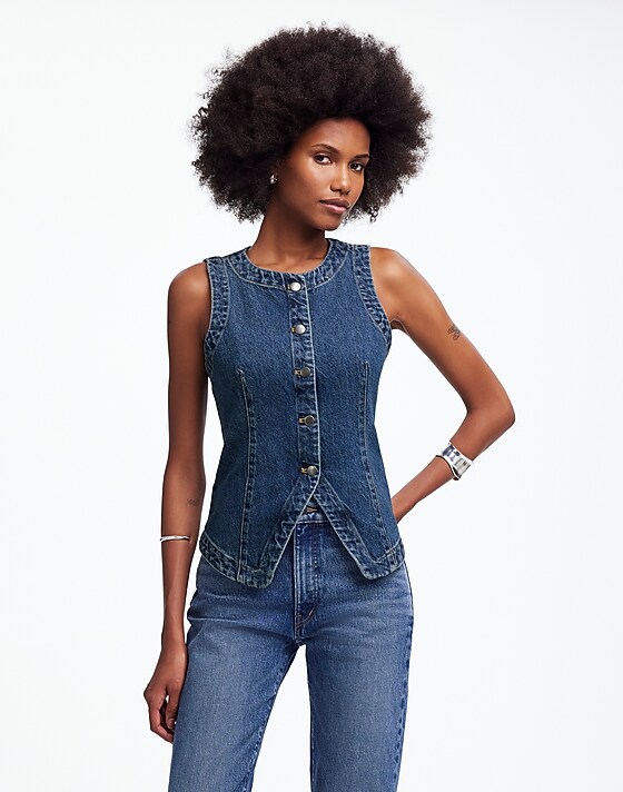 madewell Denim Crewneck Vest in Concho Wash concho wash