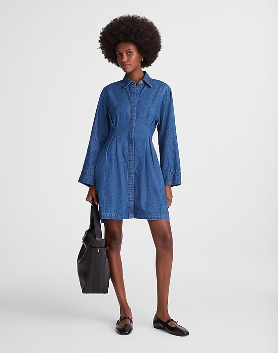 Madewell Denim Pleated Mini Shirtdress Bouvier Wash