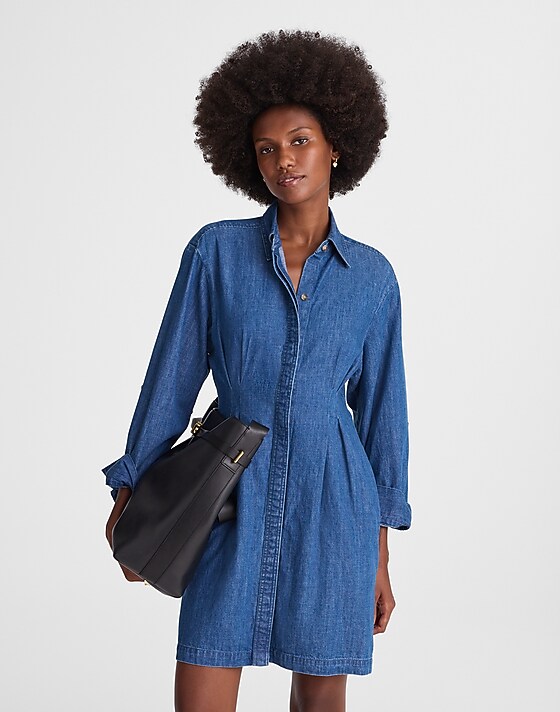 madewell Denim Pleated Mini Shirtdress bouvier wash