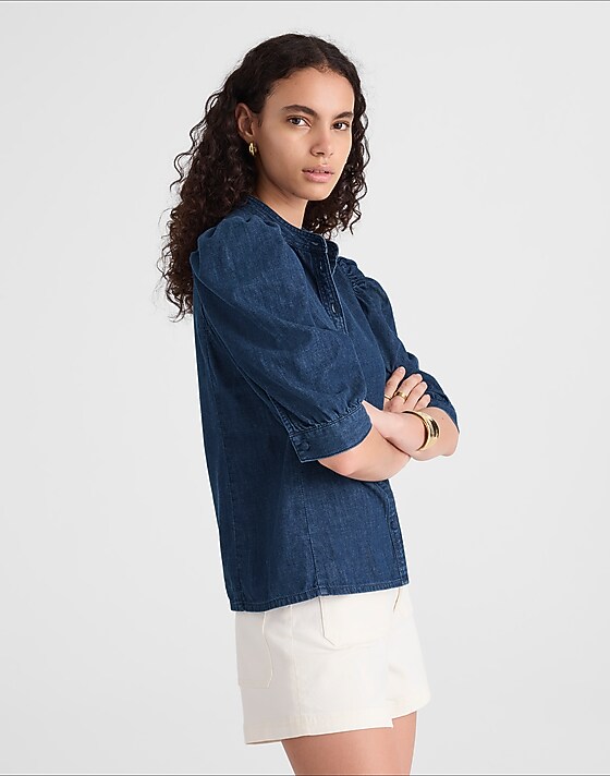 Madewell Denim Puff-Sleeve Band-Collar Shirt Plumville Wash