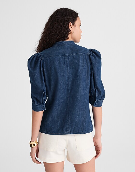 Madewell Denim Puff-Sleeve Band-Collar Shirt Plumville Wash