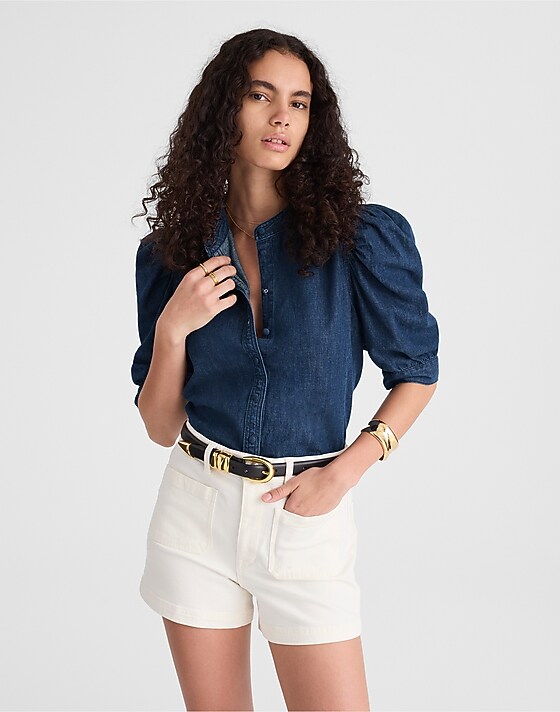 madewell Denim Puff-Sleeve Band-Collar Shirt plumville wash