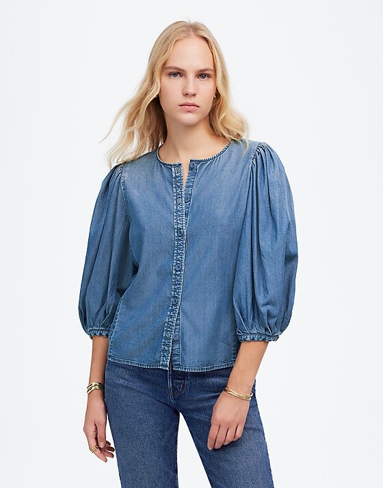Madewell Denim Puff-Sleeve Button-Up Top Kennebec Wash