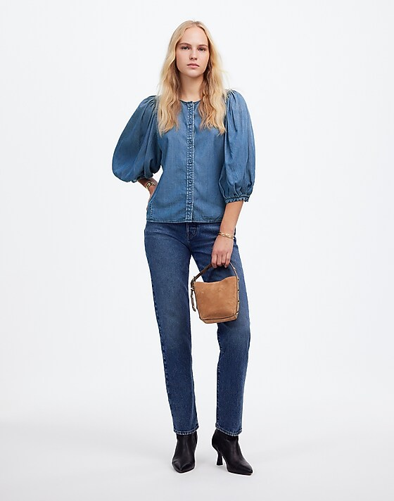 madewell Denim Puff-Sleeve Button-Up Top kennebec wash