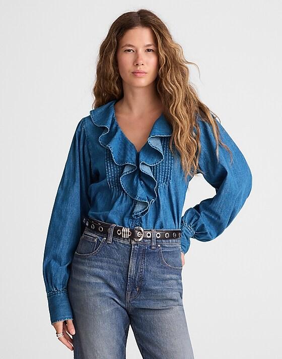 Madewell Denim Ruffled Pintuck Top Lambertville Wash
