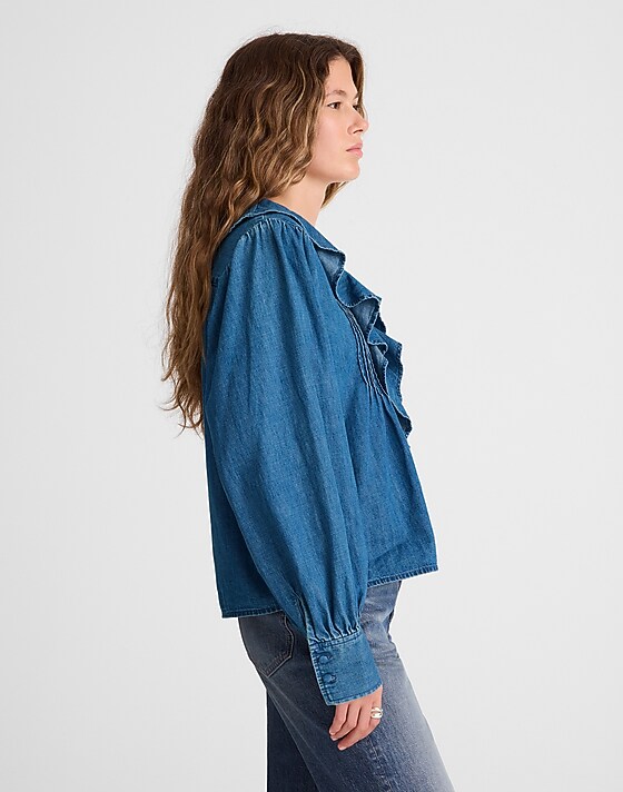 Madewell Denim Ruffled Pintuck Top Lambertville Wash