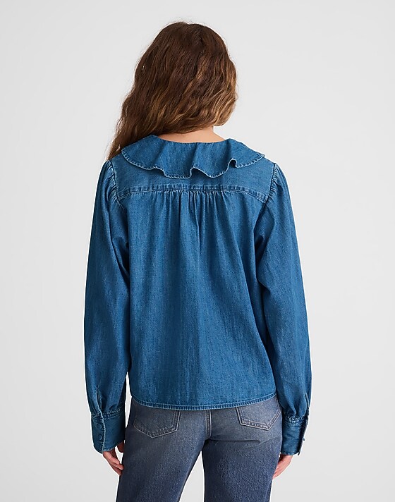 Madewell Denim Ruffled Pintuck Top Lambertville Wash
