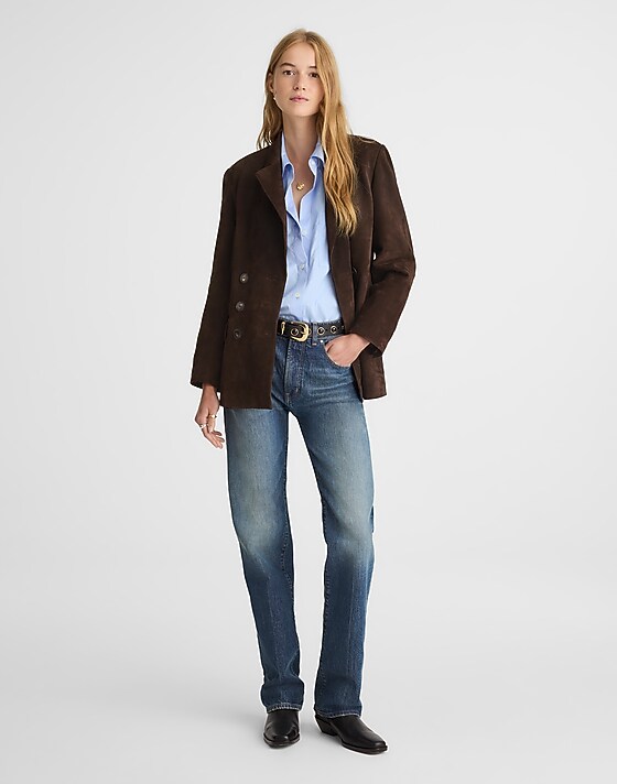 Madewell Double-Breasted Blazer In Suede Dark Carob