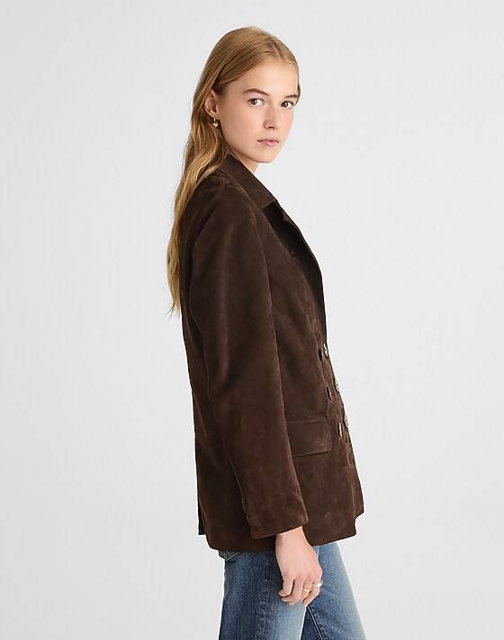 Madewell Double-Breasted Blazer In Suede Dark Carob