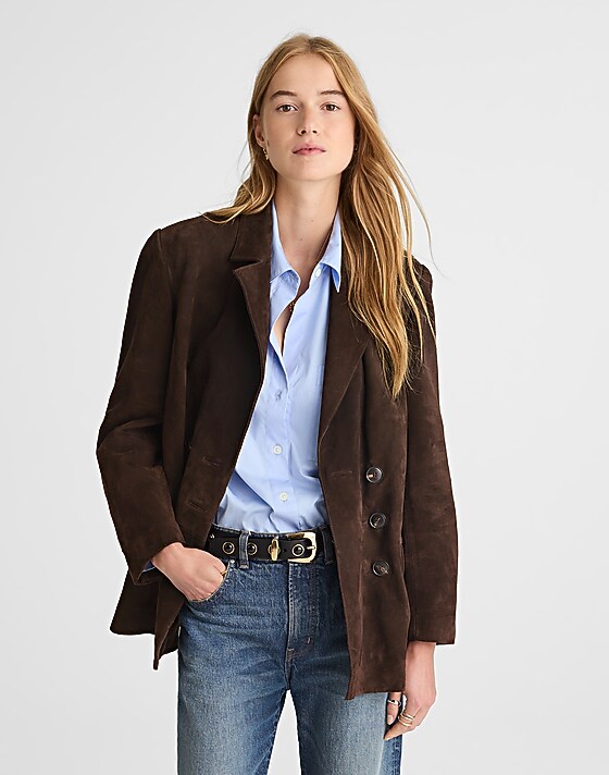 madewell Double-Breasted Blazer in Suede dark carob
