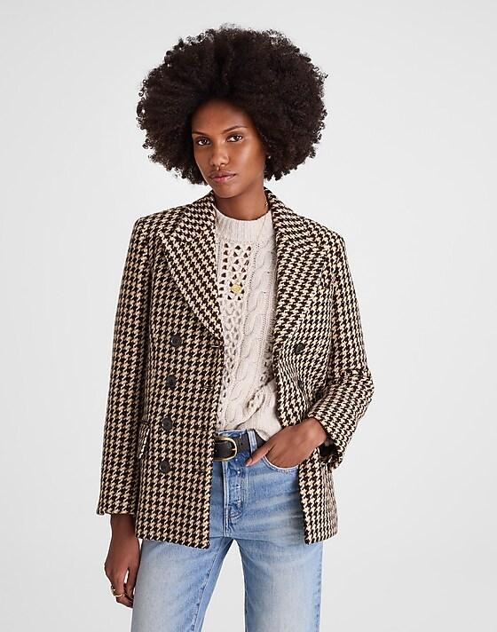 madewell Double-Breasted Boxy Coat in Houndstooth jet black