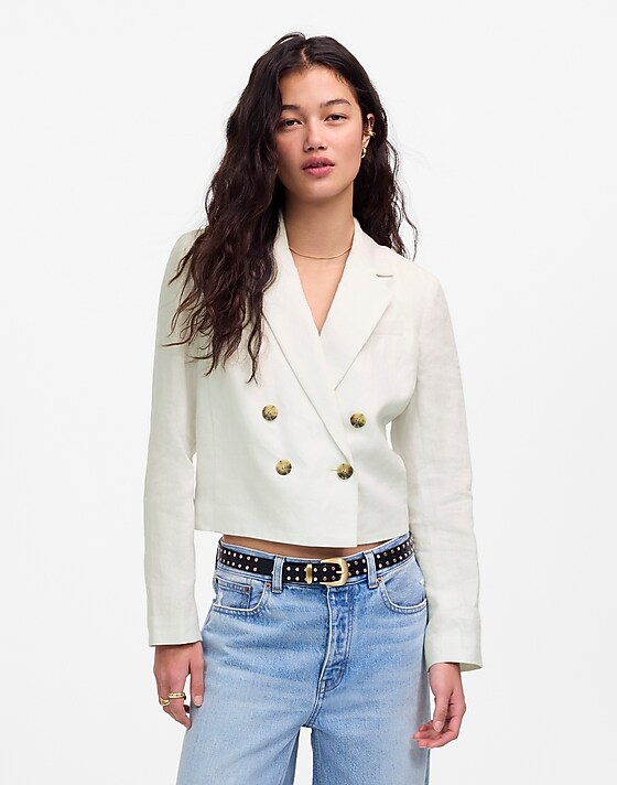 Madewell Double-Breasted Crop Blazer In 100% Linen Salt
